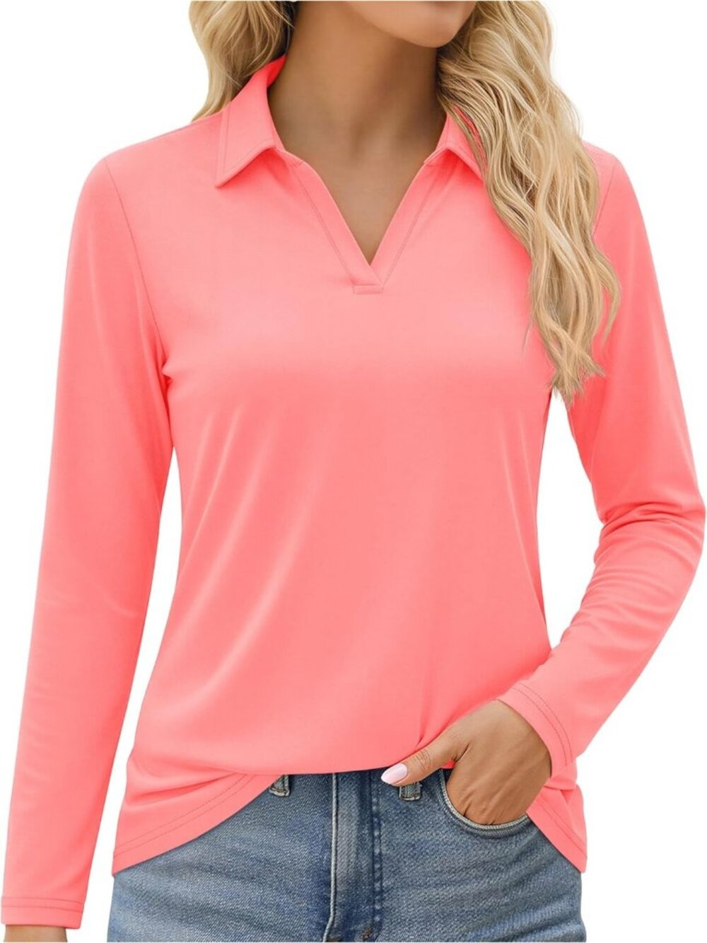 Women's Pink V Neck UPF 50+ Long Sleeve Polo Shirt Quick Dry Workout Tennis Tops